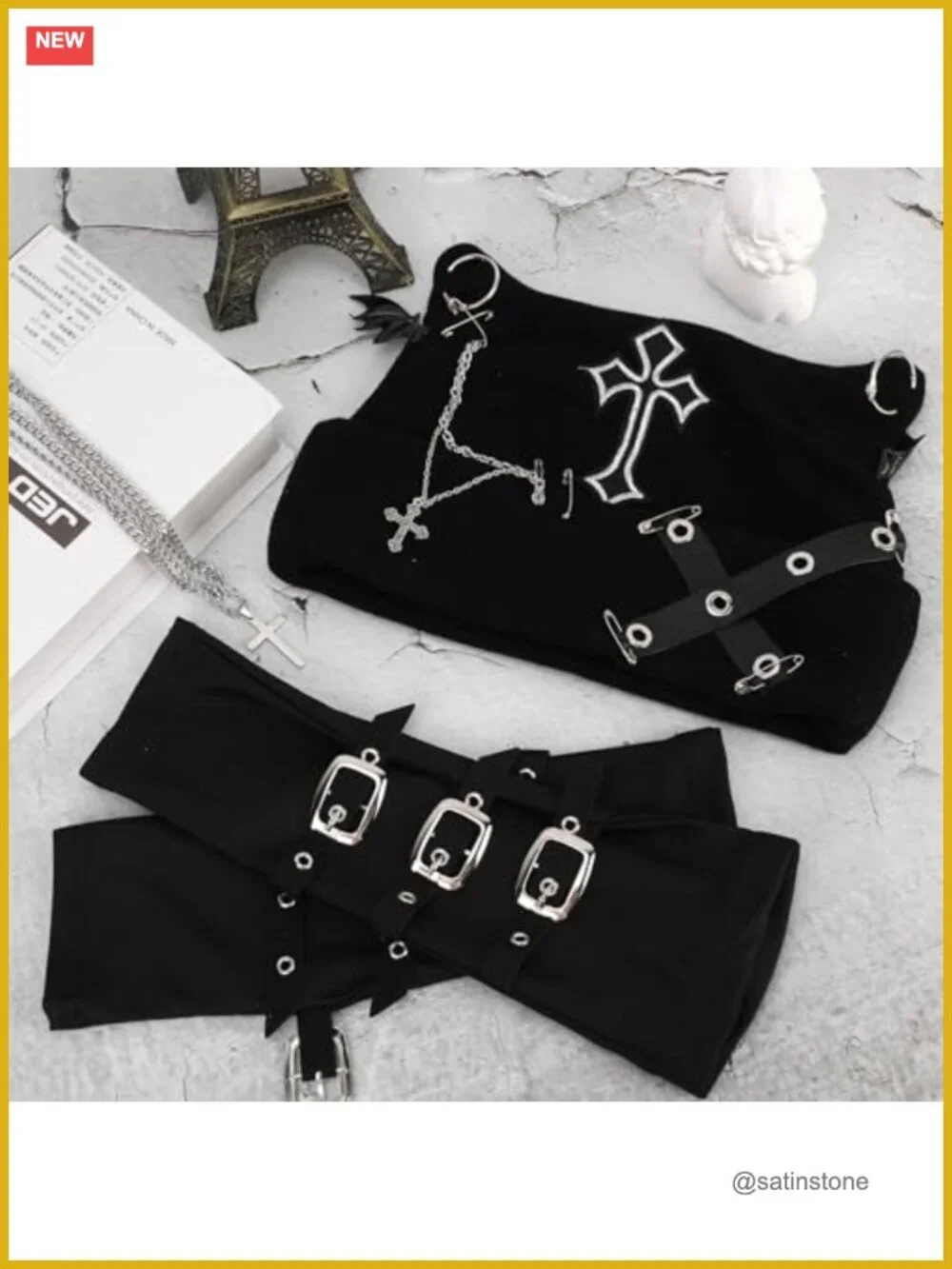 Grunge Cat Ear Beanie Set with Fingerless Gloves and Necklaces